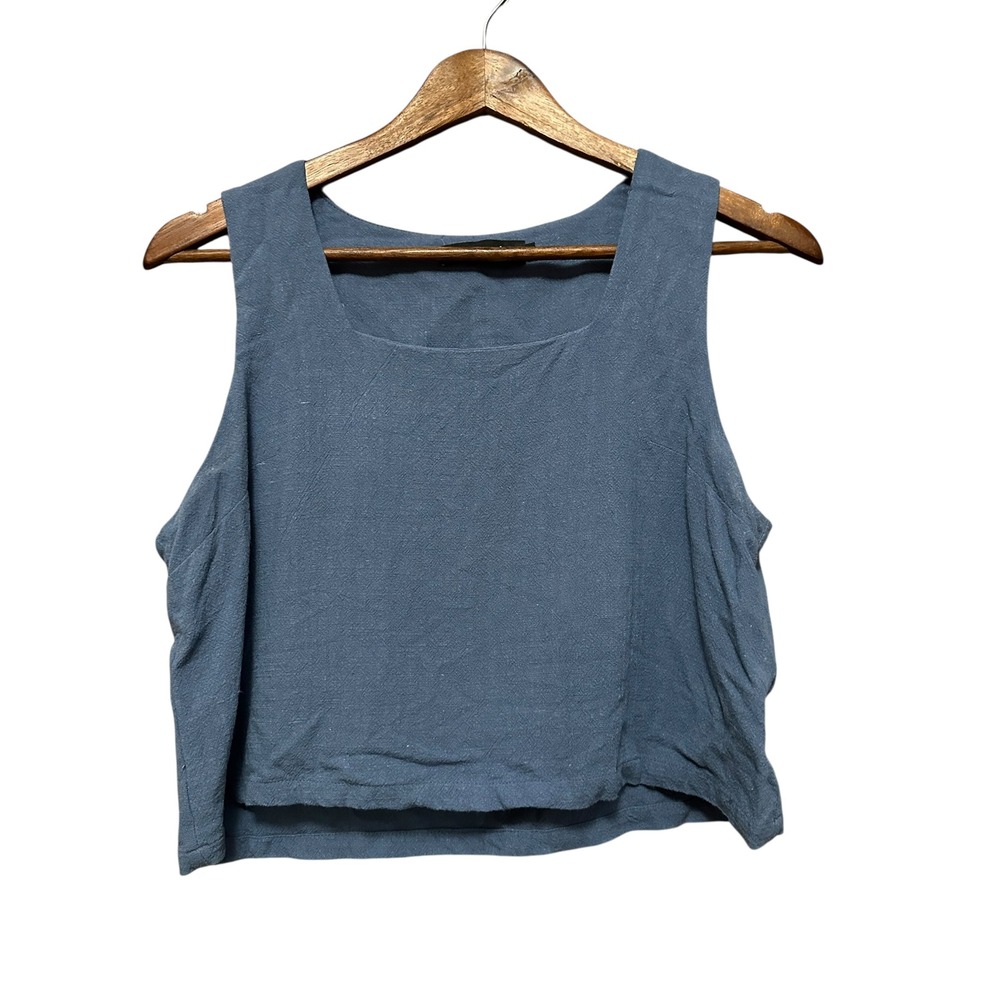 Efan Women's Blue Linen‎ Rayon Square Neck Sleeveless Crop Top Medium